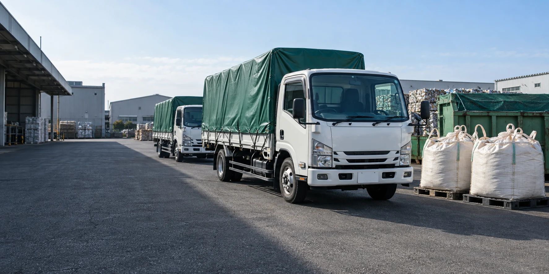 シートを掛けた複数のトラックとフレコンバッグ