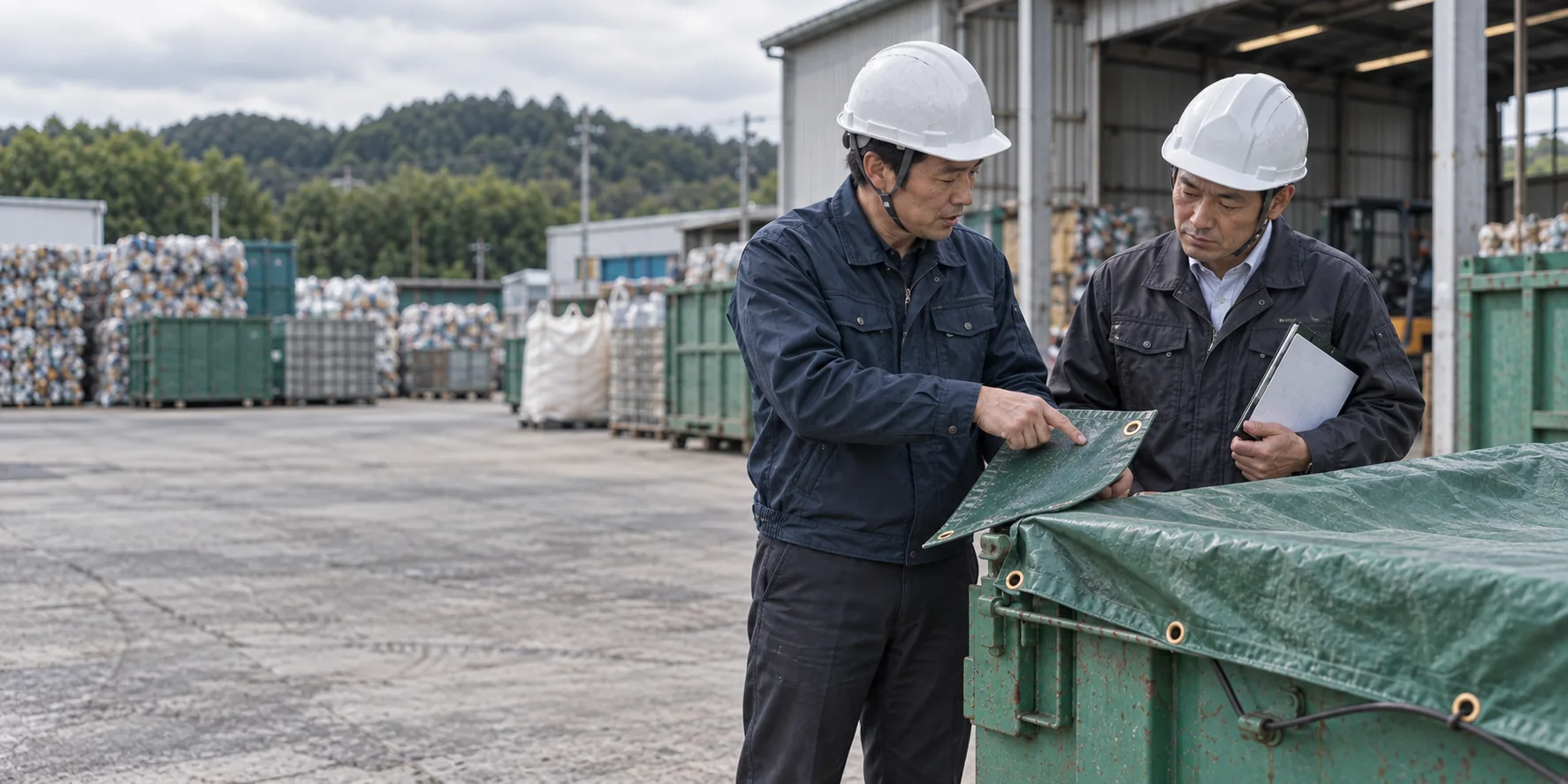 産廃現場のコンテナの横で、生地サンプルを示しながら資材をご提案するイメージ