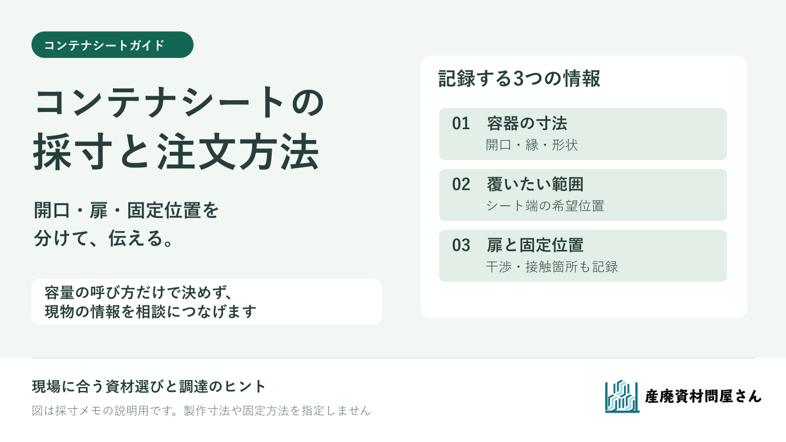 コンテナシートの採寸ガイド。開口部、覆いたい範囲、扉と固定位置を分けて記録する