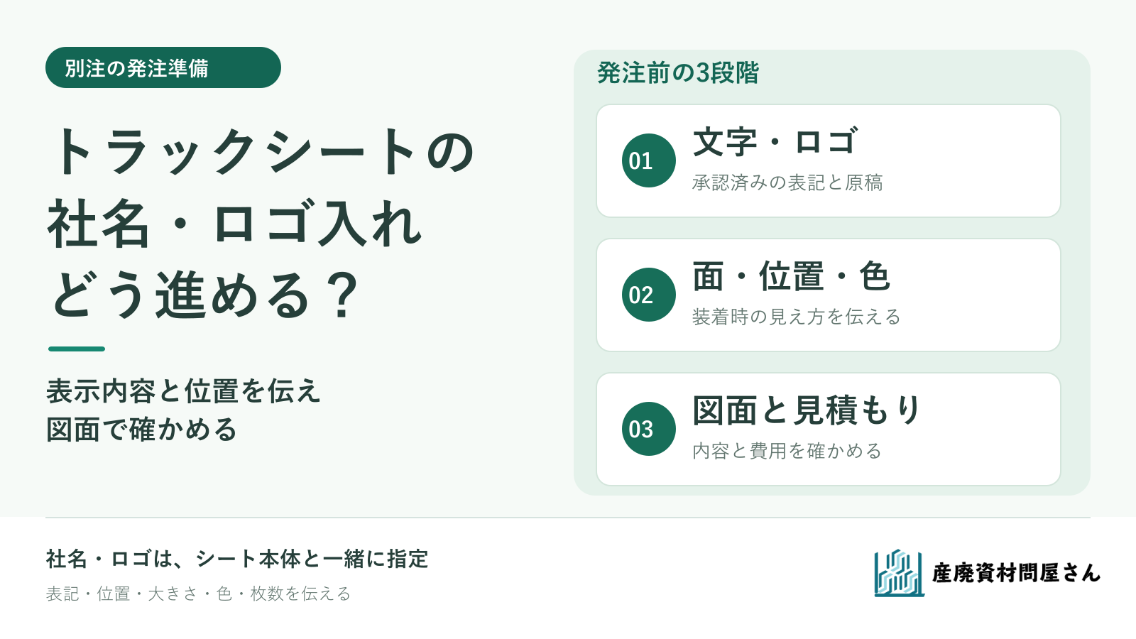 社名・ロゴ入りトラックシートを、表記・位置・色・図面の順に確認するメイン図