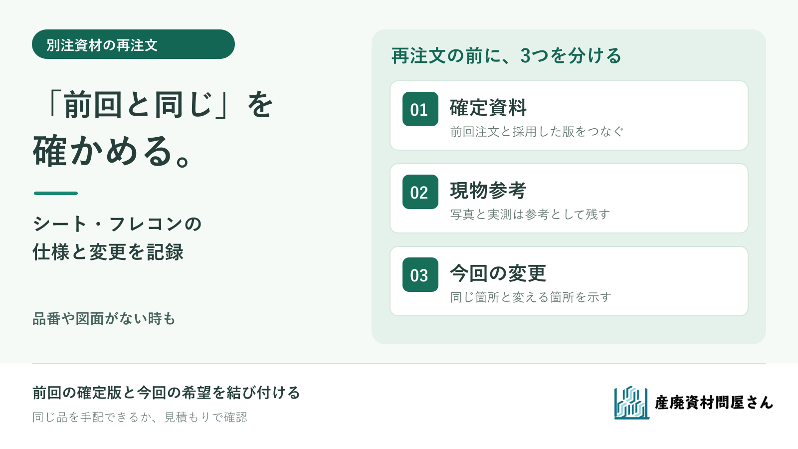 別注シートとフレコンの再注文で、前回の確定仕様・現物の参考情報・今回の変更点を分ける図
