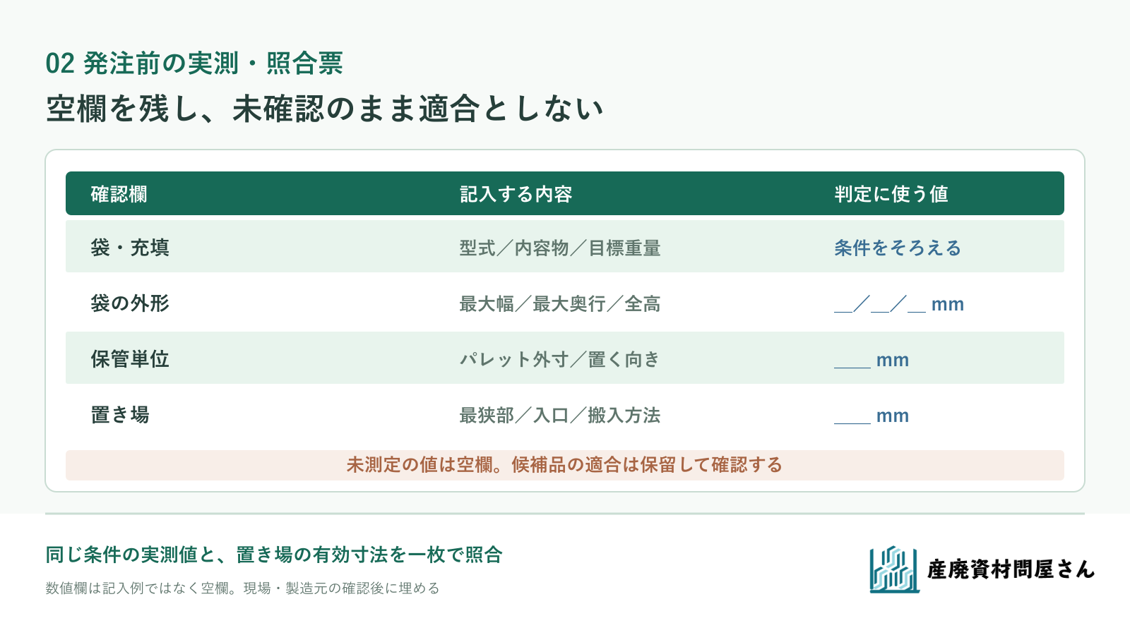 型式、充填条件、最大外形、保管枠の寸法を空欄で記録する確認票