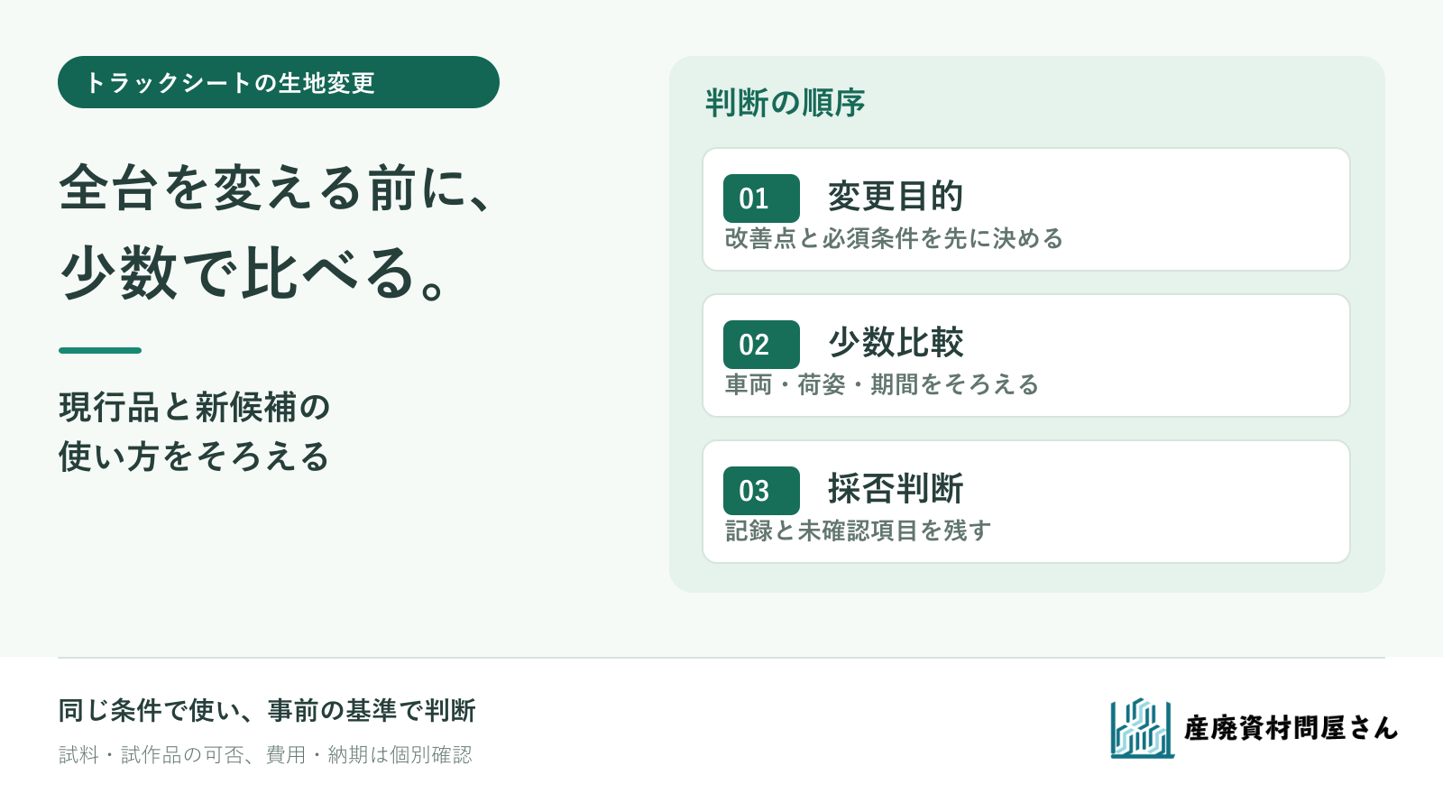 現行シートと候補生地を少数で比較し、条件を満たしてから本採用を決める図
