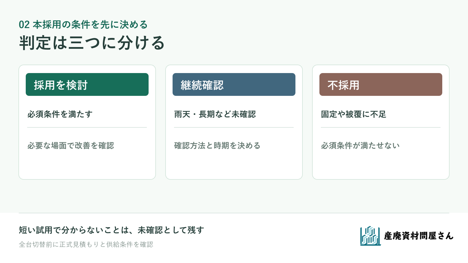 変更目的、必須条件、試用結果、未確認事項から本採用か継続確認かを決める表